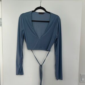 PrettyLittleThing Blue Long Sleeve Crop Wrap Front Blouse